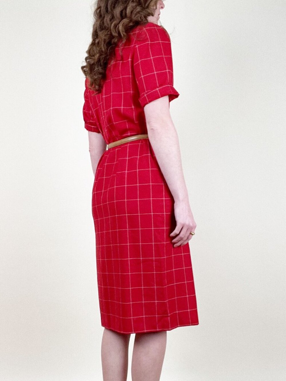 Vintage 90s French Midi Dress Double Breasted Plaid Check Print Office Work Wear - Picture 5 of 10